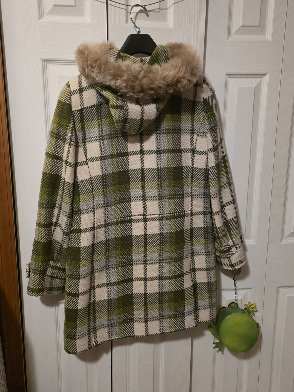 J. Crew Green & Cream Plaid Toggle Pea Coat with Faux Fur Trim - Picture 2 of 5
